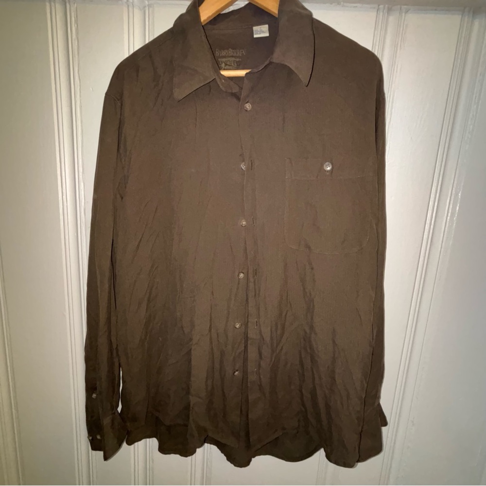 Barry Bricken men’s large 100% silk brown herringbone button up shirt